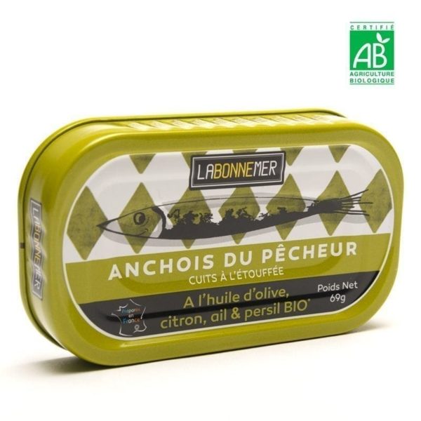 Anchois du pêcheur à l'huile d'olive extra, citron, ail et persil bio