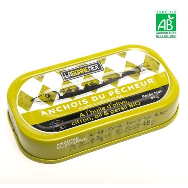 Anchois du pêcheur à l'huile d'olive extra, citron, ail et persil bio